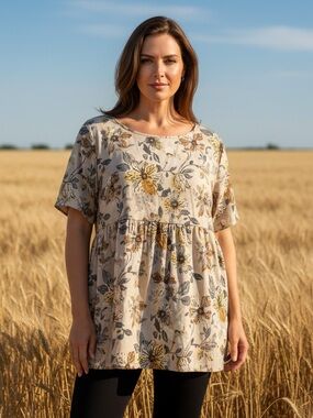 Emery Rose Boho Babydoll Top Floral Short-Sleeve in Earthy Floral Patterns